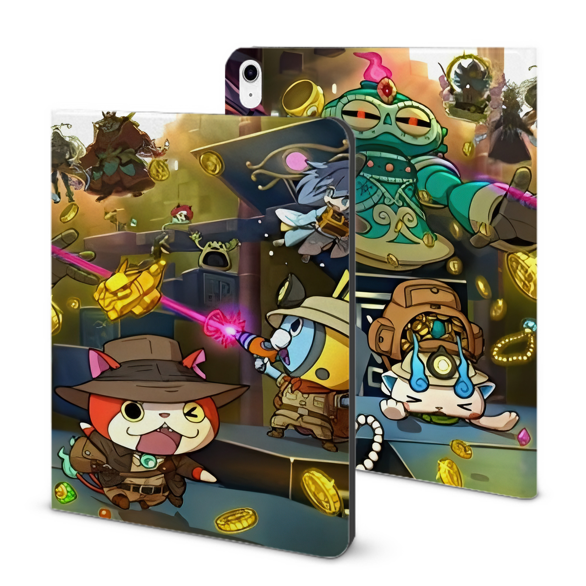 （画像用） 妖怪ウォッチ Yo-kai Watch IPad ケース ブック型 PUレザー TPU 耐衝撃 軽量 薄型 ペン収納なし 全面保護 IPad 各モデル対応
